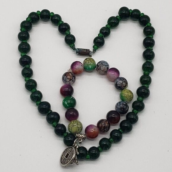Vintage Glass Beaded Dark Green Choker Necklace and Multicoloured Charm Bracelet - Picture 1 of 10